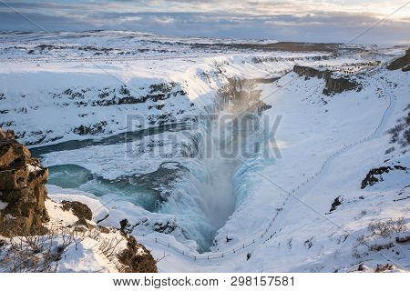 Gullfoss, Iceland - February 10, 2019: Panoramic Image Of The Frozen Gullfoss Waterfall On February 