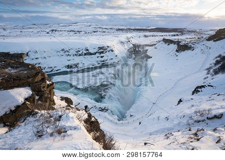 Gullfoss, Iceland - February 10, 2019: Panoramic Image Of The Frozen Gullfoss Waterfall On February 
