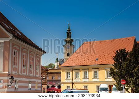 Zagreb, Croatia - April, 2018: Beautiful Architecture Of The Antique Buildings At Zagreg Upper Town