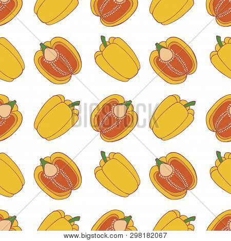 Vegetables Pepper Seamless Pattern For Wallpaper Design. Fresh Ripe Color Food. Organic Healthy Vege