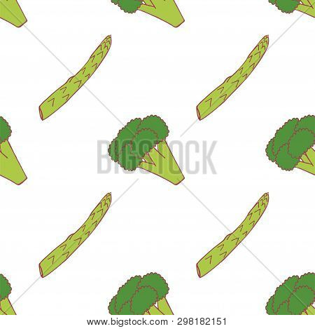 Broccoli And Asparagus Seamless Pattern For Wallpaper Design. Fresh Ripe Color Food. Organic Healthy