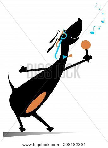 Romantic Singer Dog Isolated Illustration. Dachshund With A Microphone Sings A Song With Inspiration