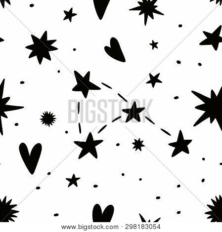 Black Stars And Constellation Seamless Vector Hand Drawing Pattern. Doodles Print Isolated On White 