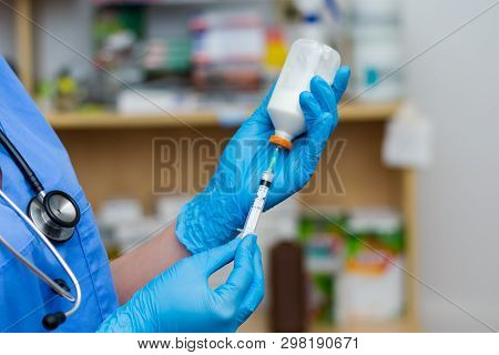 The Veterinarian Women With Blue Gloves And  Stethoscope Extract A White Drug With A Syringe