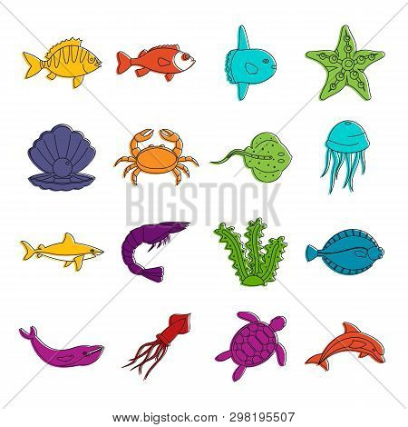 Sea Animals Icons Set. Doodle Illustration Of Icons Isolated On White Background For Any Web Design