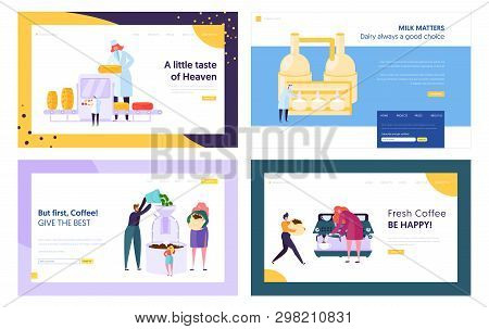 Cheese And Milk Products Manufacture, Frying And Making Coffee Website Landing Page Templates Set. D