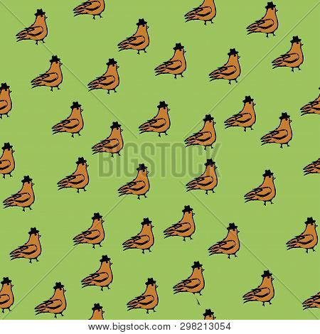 Spring Birds Illustration, Seamless, Pattern Dove With Cylinder. Funny Style. Vector Illustration.