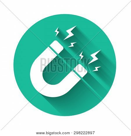 White Magnet With Lightning Icon Isolated With Long Shadow. Horseshoe Magnet, Magnetism, Magnetize, 