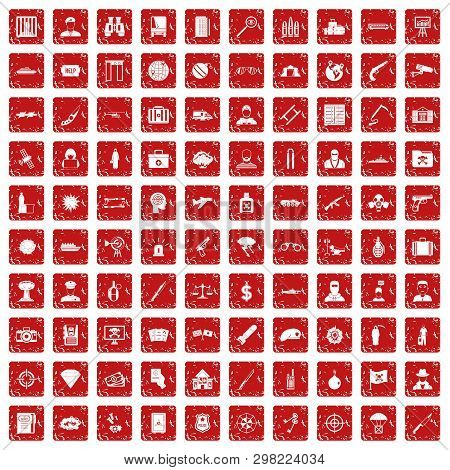 100 Antiterrorism Icons Set In Grunge Style Red Color Isolated On White Background Illustration
