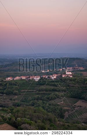Small Village Vedrijan On Early Morning Between The Vineyards In The Wine Region Brda In Slovenia Ne