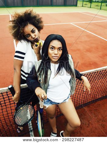 Young Pretty Girlfriends Hanging On Tennis Court, Fashion Stylish Dressed Swag, Best Friends Happy S