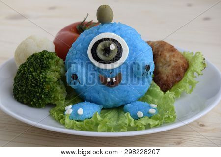 The Monster Is Made Of Rice. Kyaraben, Bento. Creative Food For Good Mood And Appetite.