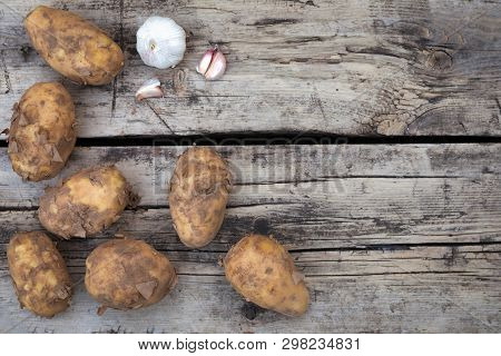 Still Life Dirty Rusic Potatoes Harvst Crop Top View Flat Layout Background