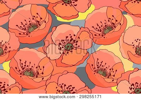 Art Floral Vector Seamless Pattern.  Coral Color Poppies On Abstract Colorful Background In Pastel. 