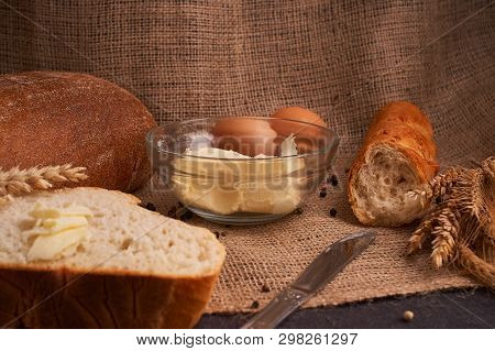 Breads And Butter Concept Of Teasty Home Food Close Up On Table