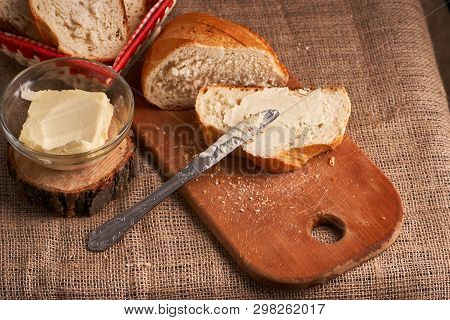 Breads And Butter Concept Of Teasty Home Food Close Up On Table