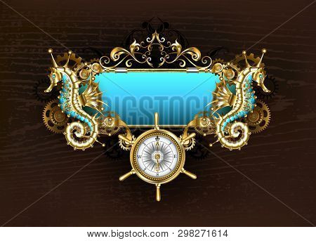 Antique, Blue Banner With Mechanical Seahorse And Brass Gears On Brown Wooden Background.