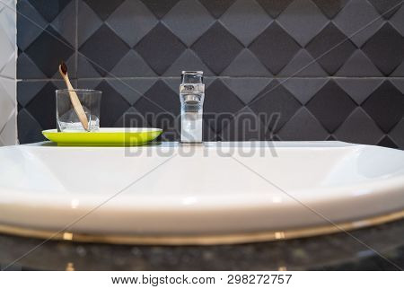 Clean Wooden Toothbrush In The Bathroom , Concept Of Heathy Lifestyle, dental Care .