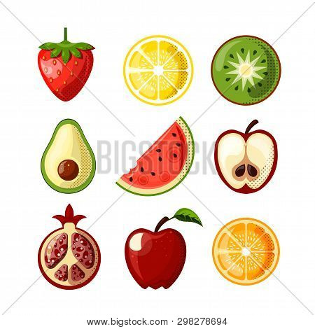 Fresh Juicy Fruit Flat Icons Isolated On White Background. Strawberry, Lemon, Qiwi, Watermelon And O