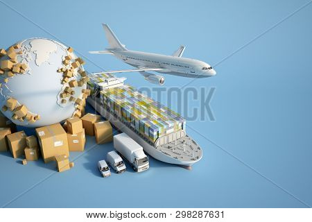 3D  rendering of the Earth surrounded by cardboard boxes, a cargo container ship, a flying plan, a car, a van and a truck