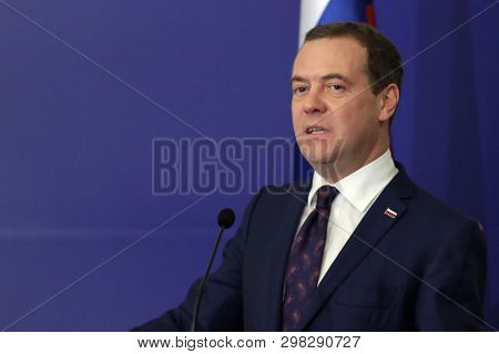 Sofia, Bulgaria - 4 March, 2019: Russian Prime Minister Dmitry Medvedev Attends To A Press Conferenc