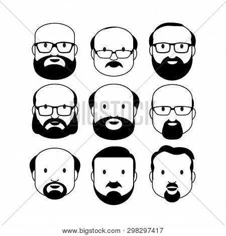 Old Men Male Human Face Head Hair Hairstyle Mustache Bald People Fashion. Design Flat Avatar For Soc