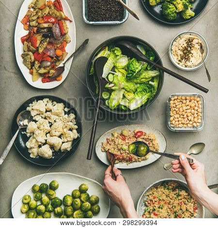 Healthy Vegan Dishes And Woman Hands Taking Couscous, Squqre Crop