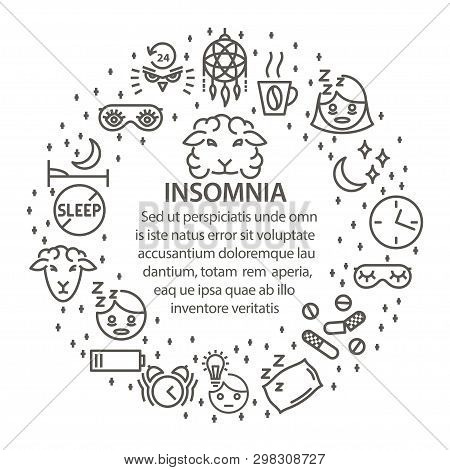 Insomnia Circle Template In Line Art Stule. Mental Disorders Of Insomnia Round Banner. Mental Health