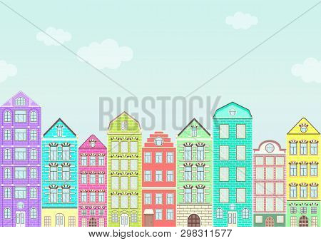 Seamless Border With Colorful Houses, Urban Landscape, City Background. Cute Multicolored Bright Eur