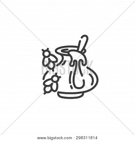 Simple Line Art Icon Of Clay Pot With Honey And Bees Fly