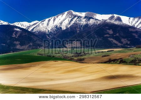 Spring Country And Snowy Hill Baranec - West Tatras Mountains At Background. Region Liptov, Slovakia