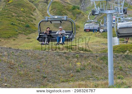 Sochi, Russia-september 30, 2017: Mountain Landscape With Rocky Slopes And The Cable Car In Krasnaya