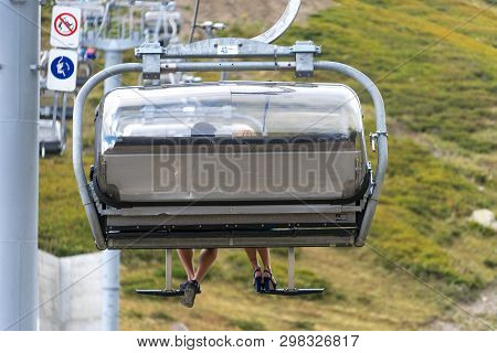 Sochi, Russia-september 30, 2017: Mountain Landscape With Rocky Slopes And The Cable Car In Krasnaya