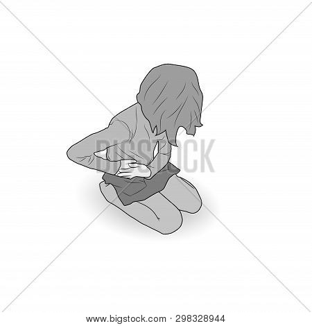 Little Girl Sitting Holding Hands On Her Tummy, Belly, Abdomen. Abdomenal, Liver Pain, Appendicitis.
