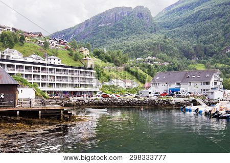 Geiranger, Norway - June 24, 2013: Geiranger Village In Norway. Small Tourist Village Geiranger Lies