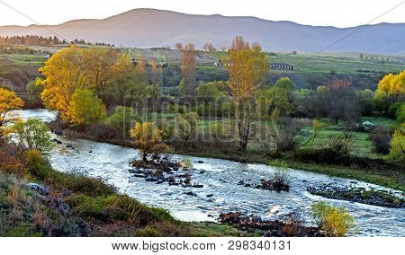 Landscape With The River Hrazdan And A Mountain Ridge In Armenia On An Early Morning.