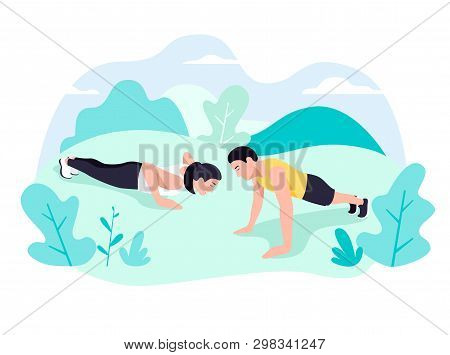 Couple Doing Plank Exercise Core Workout Together In Park.