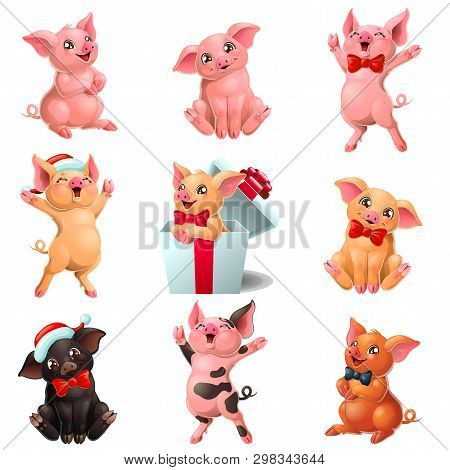 Set Joyful, Cute And Lovely Pigs On White
