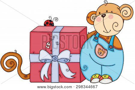 Scalable Vectorial Representing A Cute Monkey With Big Gift, Element For Design, Illustration Isolat