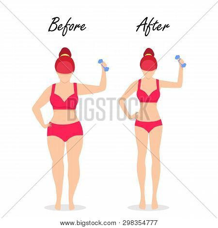 Fat Slim Woman Figure Weight Loss Set. Before After Fit Girl With Dumbbell Body Isolated White Backg