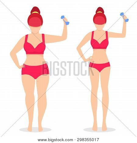 Fat And Slim Woman Before And After Weight Loss In Underwear Isolated On White Background. Girl With