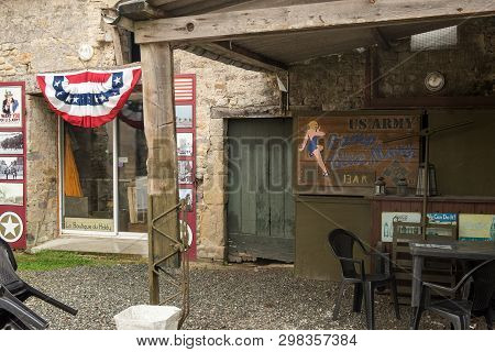 Sainte-marie-du-mont, France - August 16, 2018: Scenery Of Military Souvenir Shop La Boutique Du Hol