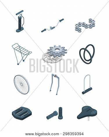 Parts Bicycle. Steel Frame Crank Seat Saddle Fork Pedal Isometric Vector Pictures Of Bike. Illustrat