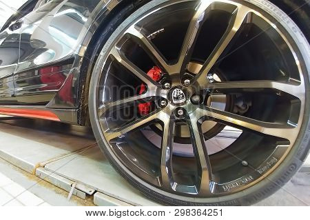Moscow, Russia - April 29, 2019: Custom Lumma Light Alloy Wheels On Exclusive Black Porsche Cayenne 