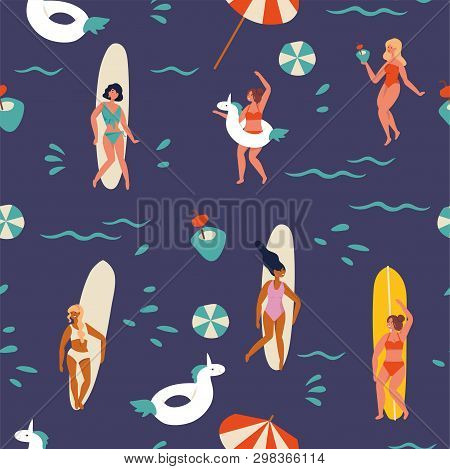 Vector Illustration Girls Surfer Standing With A Surfboards And Having Fun On The Beach, Drinking Tr