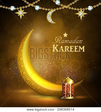 Ramadan Kareem Greetings With Colorful Golden Lantern Or Fanous With Golden Moon In A Dark Glowing B