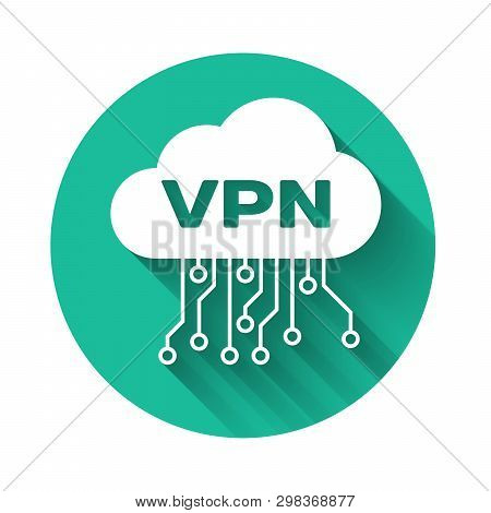 White Cloud Vpn Interface Icon Isolated With Long Shadow. Software Integration. Green Circle Button.