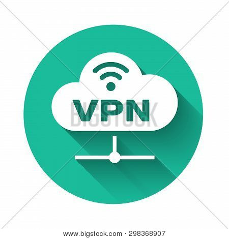 White Vpn Network Cloud Connection Icon Isolated With Long Shadow. Social Technology. Cloud Computin