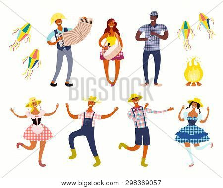 Festa Junina Set With Dancing People, Musicians, Lanterns, Bonfire. Isolated Objects On White Backgr