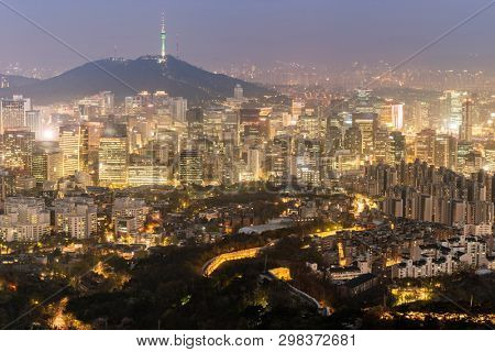 Aerial Sunset and Night view of Seoul Downtown cityscape with Seoul Tower in South Korea